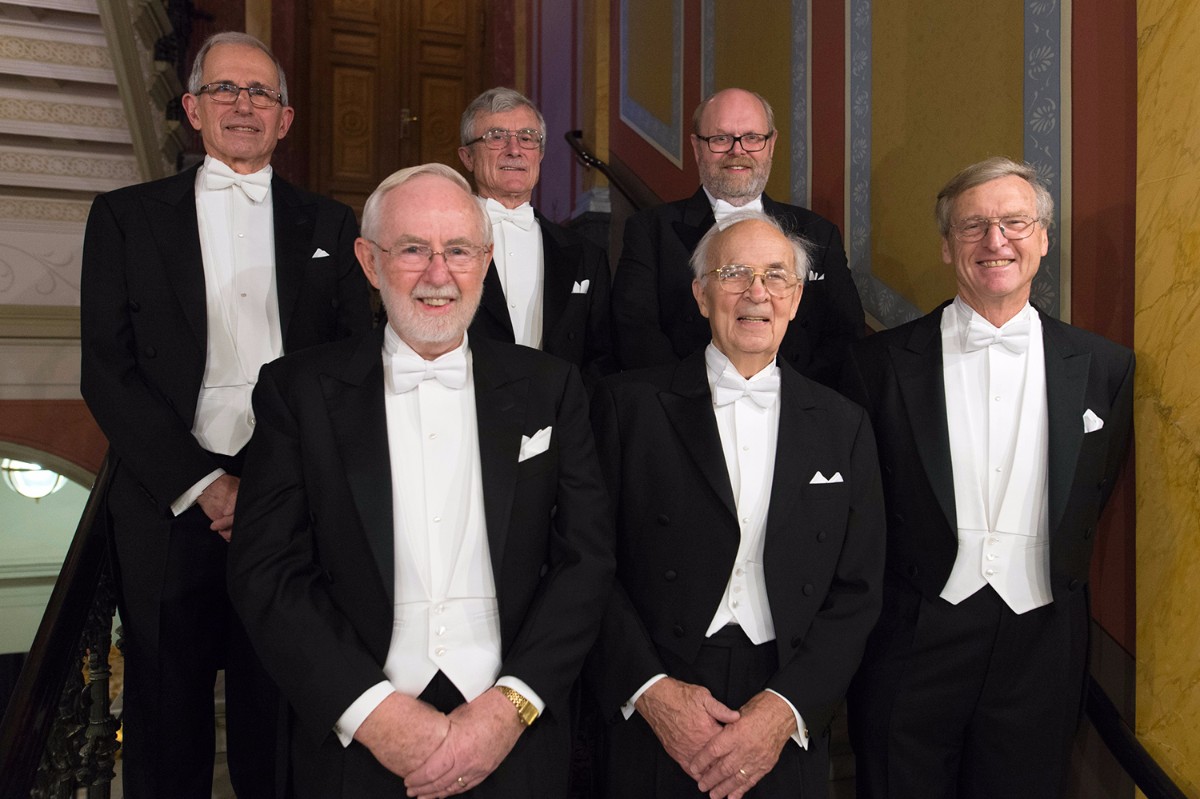 Canadian representatives at the Nobel Prize Ceremony in Stockholm, Sweden, on December 10, 2015. The prize was presented to sno director Arthur McDonald (bottom left). He was accompanied by George Ewan (Queen’s, front middle), David Sinclair (Carleton and triumf, front right), Doug Hallman (Laurentian, top left), Davis Earle (Queen’s, top middle), and Aksel Hallin (Alberta, top right).
